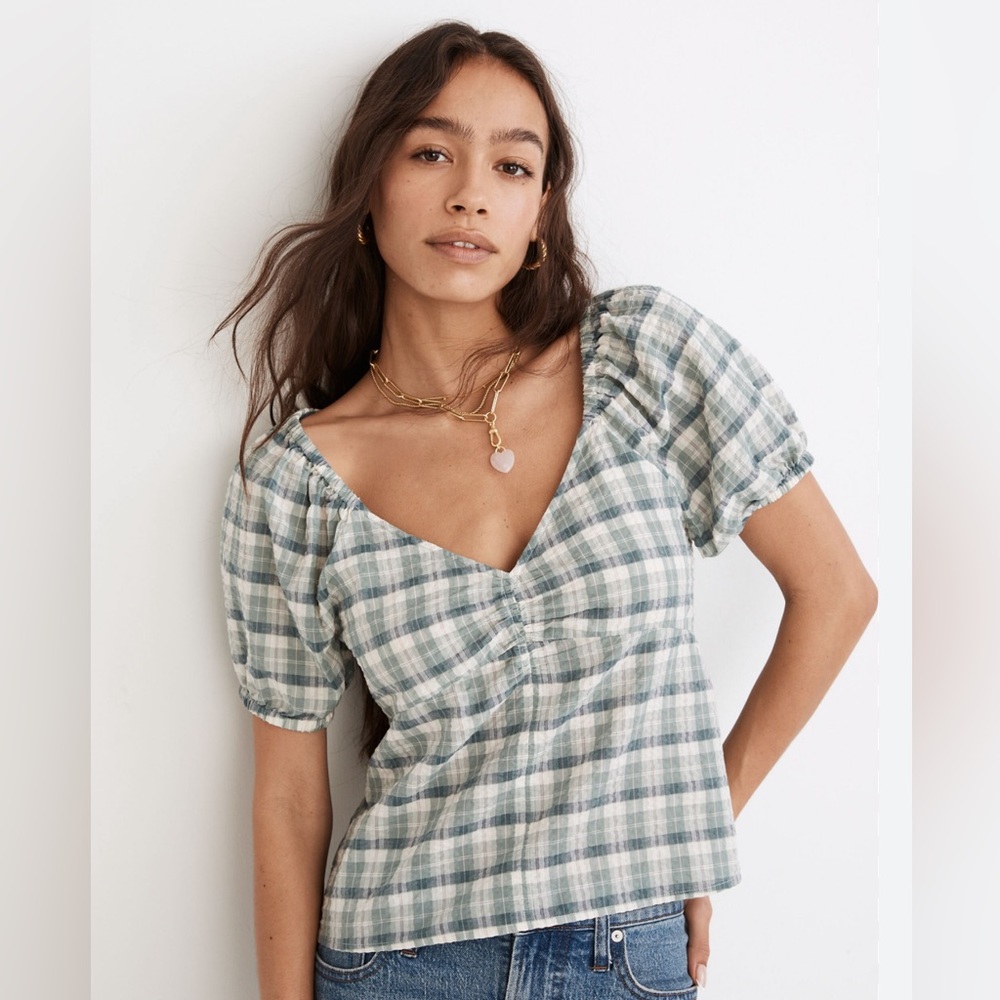 Madewell Plaid Puff-Sleeve Ruched Bodice Top, Small, frosted willow